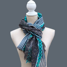 Load image into Gallery viewer, 100% Wool Scarf, Turquoise Stripes & Spots