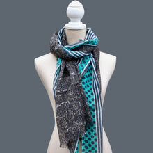 Load image into Gallery viewer, 100% Wool Scarf, Turquoise Stripes &amp; Spots
